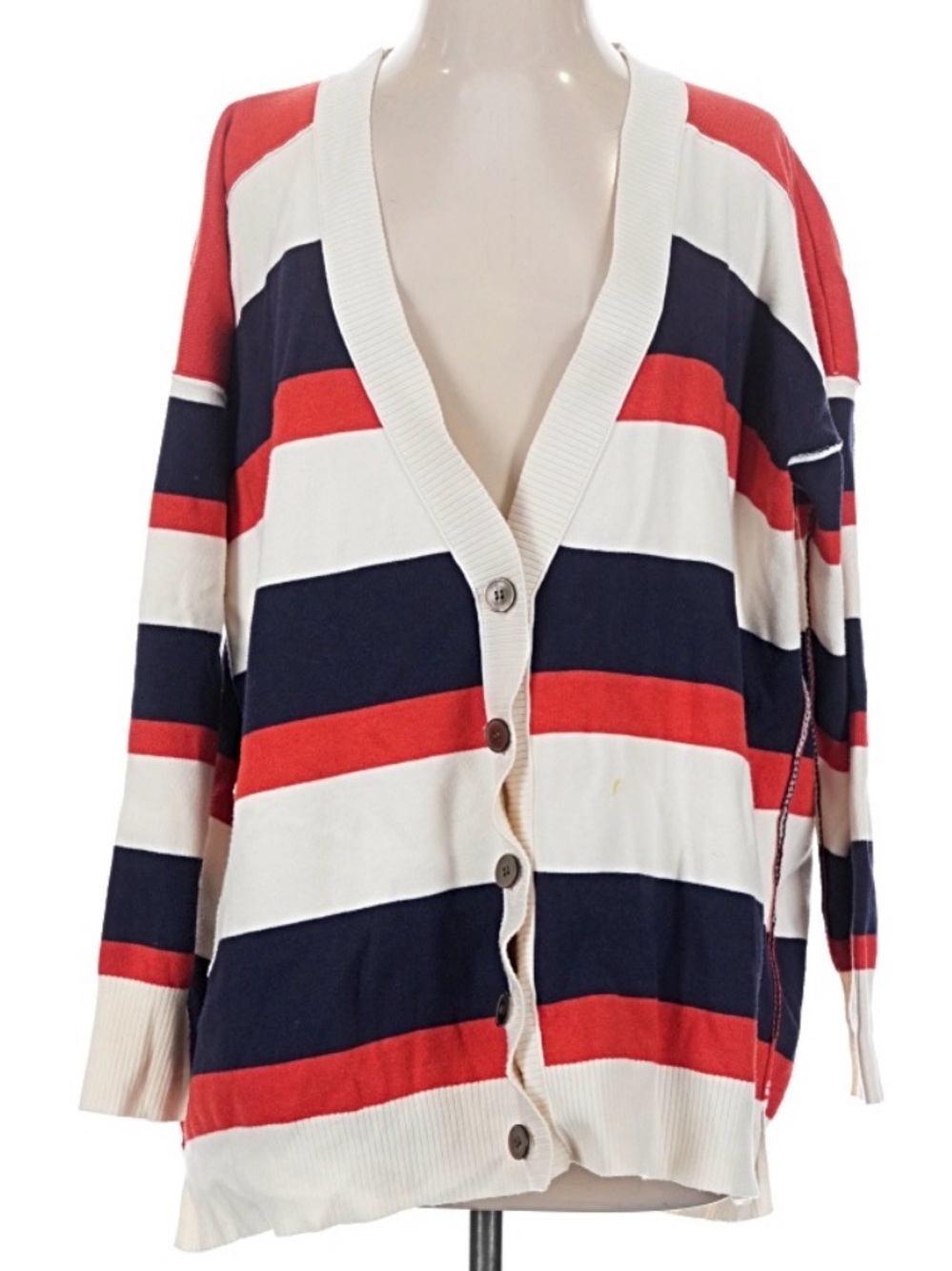 Free People Striped Button-Front Cardigan in Red, Navy & Cream